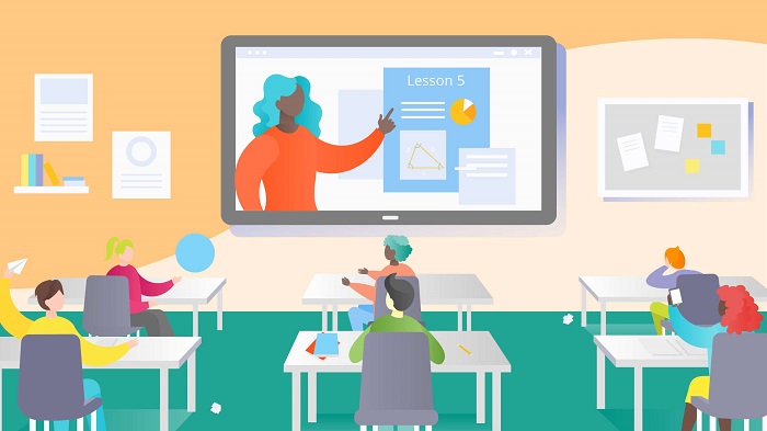 Graphical representation of a school environment where some students can be seen learning through online by sitting on their respective chairs.