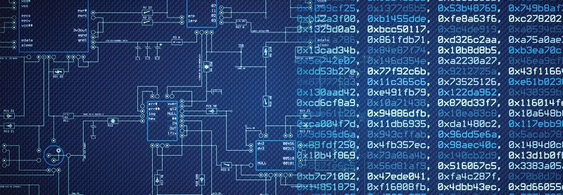 A set of algorithms written on the right side of the background while some circuits drawn on its left.