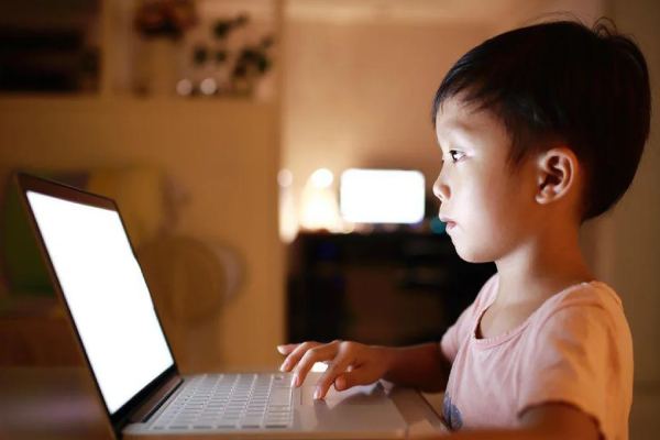 A small boy is working on his laptop.